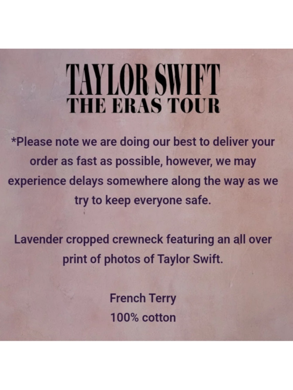 Taylor Swift The Eras Tour Cropped Lavender Pullover Crewneck, NWOT, size L - Picture 2 of 3